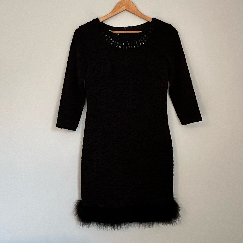 J Arggido Black Faux Fur Hem Embellished Dress Size Medium (8)